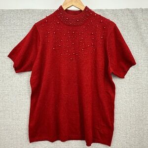 Susan Graver Style Red Metallic Knit Beaded Mock‎ Neck Short Sleeve Top 1X